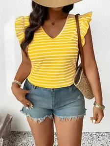 Plus Size Women's Striped V-Neck Knit Blouse, Adjustable Back Tie Design, Regular Length, Loose Pleated Details, Daily Comfort, Tops