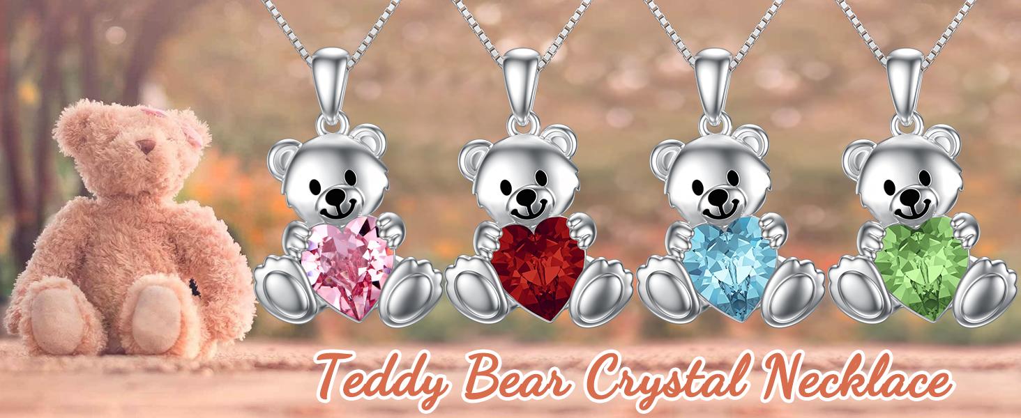 Teddy Bear Crystal Necklaces for Women 925 Sterling Silver Bear Birthstone Necklace Birthday Valentines Day Teddy Bear Jewelry Gifts for Mom Daughter Wife