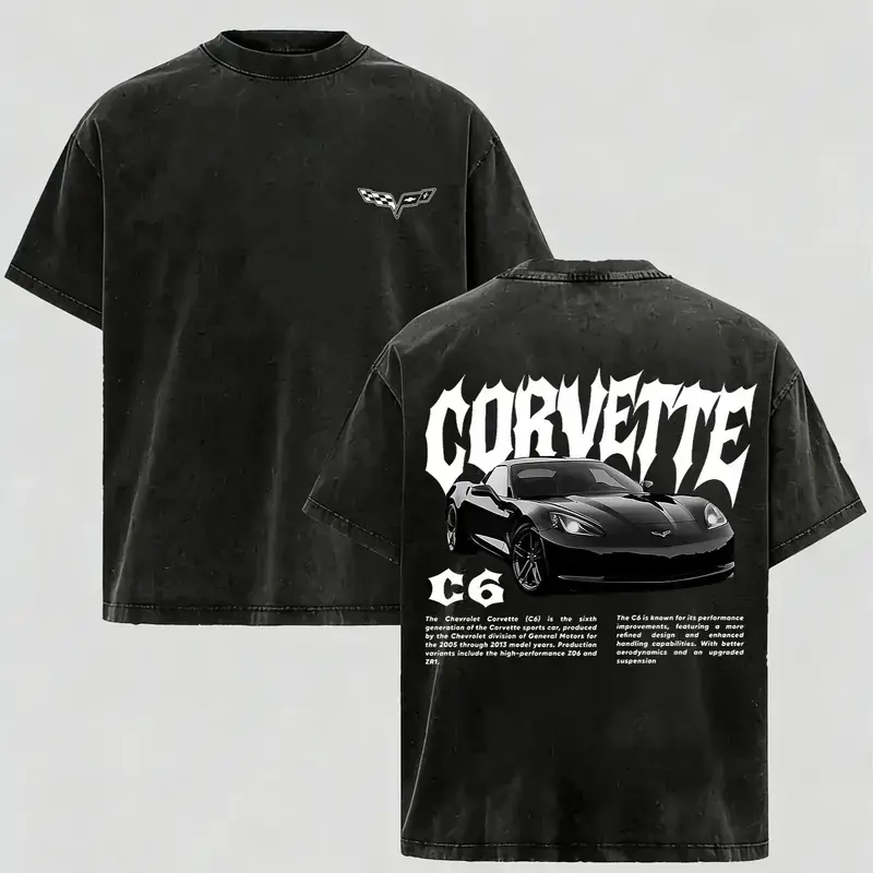 Oversized Graphic T-Shirt with Vintage Washed Corvette C6 Print, Soft Cotton Casual Streetwear for Men Unisex Vintage Graphic T-Shirt basic t-shirt wash loose fit vintage cotton breathable casual top seamless collar breathable short sleeve t-shirt