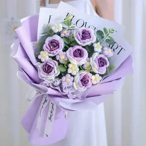 Handmade Crochet Rose Flower Bouquet for Valentines Day Mothers Day Birthday Wedding & Home Decor - Artificial Knitting Flowers Vibrant Colorful Decorative Gift for Special Occasions