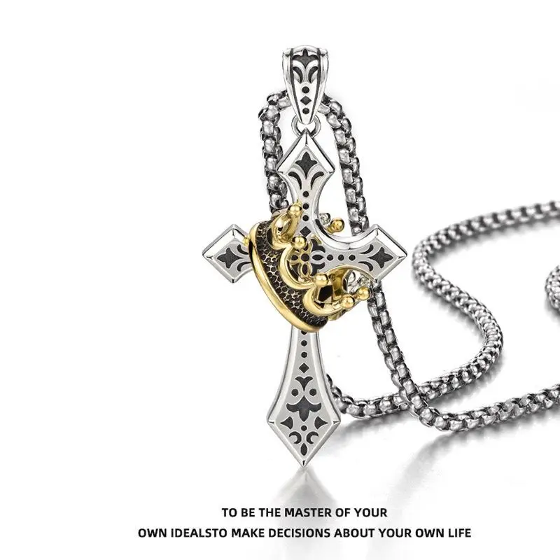 Titanium Steel Crown Cross Necklace Golden/Silver Two-tone Men's and Women's Daily Prayer Jewelry Anniversary Holiday Special Gift