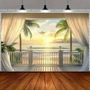 1PC,2D Flat Seaside Sunset Balcony Scenic Backdrop, Festival Event Decoration Photo Background Curtain, Vacation - style Palm Tree Seaview Photography Backdrop, Background Prop for Indoor and Outdoor