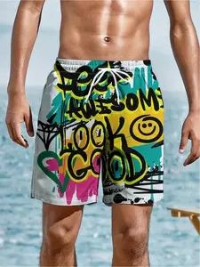 Men's Beach Shorts - Flat Digital Print Pattern - No Texture - Cool Graffiti Style Font Art Design, Summer Beach Swimming Shorts with Elastic Waistband and Drawstring, Loose Fit, Lightweight, Perfect Gift for Easter, St. Patrick's Day, Father's Day, Ideal