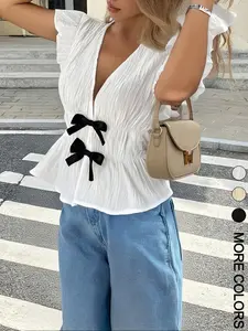 Women's Plain Bow Decor Blouse, Casual Minimalist  Top for Summer, Women's Clothing for Daily Wear