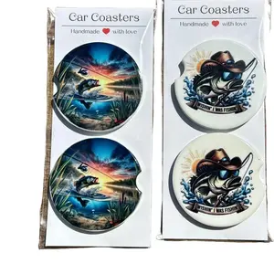 Set of 2.5" Ceramic Car Coasters w/Notch, Fishing Themed Car Coasters