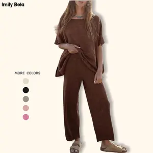 Imily Bela Women's 2 Piece Travel Outfits Casual Short Sleeve Knit Pullover Tops Wide Leg Pants Lounge Sets Tracksuit