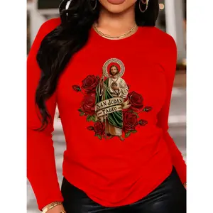Women's Saint Jude Thaddeus Religious Pattern Long Sleeve Round Neck T-Shirt - Red Rose Halo Design, Non-See-Through Fabric, Suitable for Daily and Formal Occasions, Machine Washable, Vintage Print, Comfortable Fit, Durable Material, Faith-Themed Top