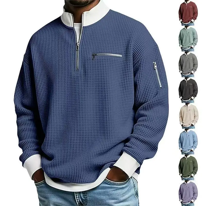 Menswear Men's Slim Fit Waffle-Textured Casual Sweatshirt, Stand Collar, Half-Zip Closure, Long Sleeves, Contrast Ribbed Design, Chest Zippered Pocket, Smooth Drape - Ideal for Everyday Wear, Outdoor Activities, Commuting