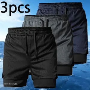Men’s 3-Pack Quick-Dry Mesh Sports Shorts, Double-Layer Design, Anti-Exposure Elastic Waistband + Drawstring, Fits Various Body Types, Glow Print Accents, Breathable and Comfortable for Fitness, Running, and Everyday Casual Wear