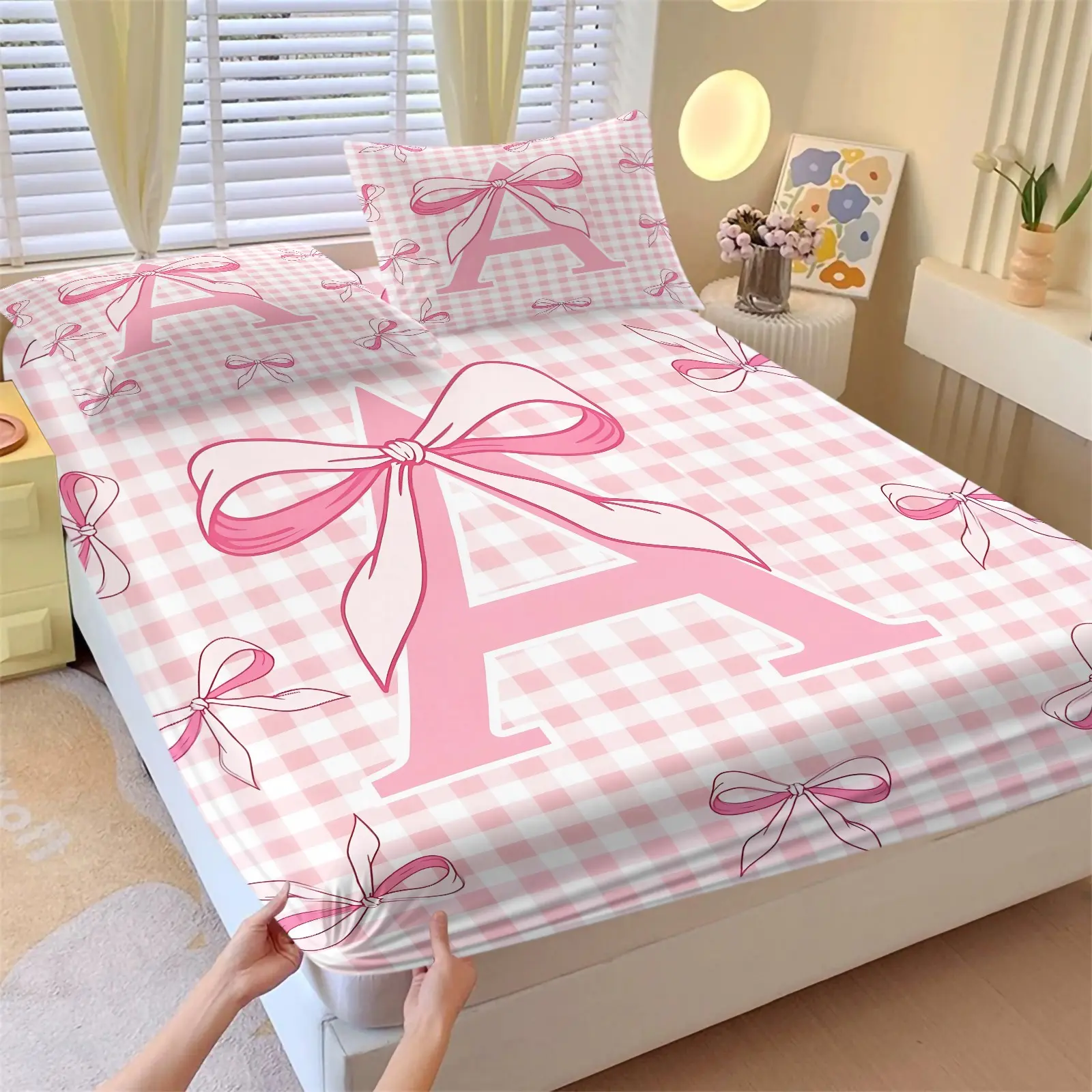 Pink Gingham Bow Letter A-Z Fitted Sheet Set, No Fillers Bed Sheet Set, Cute Coquette Aesthetic Gingham Pattern Bedding Set, Bedding Sheets, Soft Deep Pocket, For Girls Bedroom, Dorm Room, 3 Pieces (1 Fitted Sheet + 2 Pillowcases)