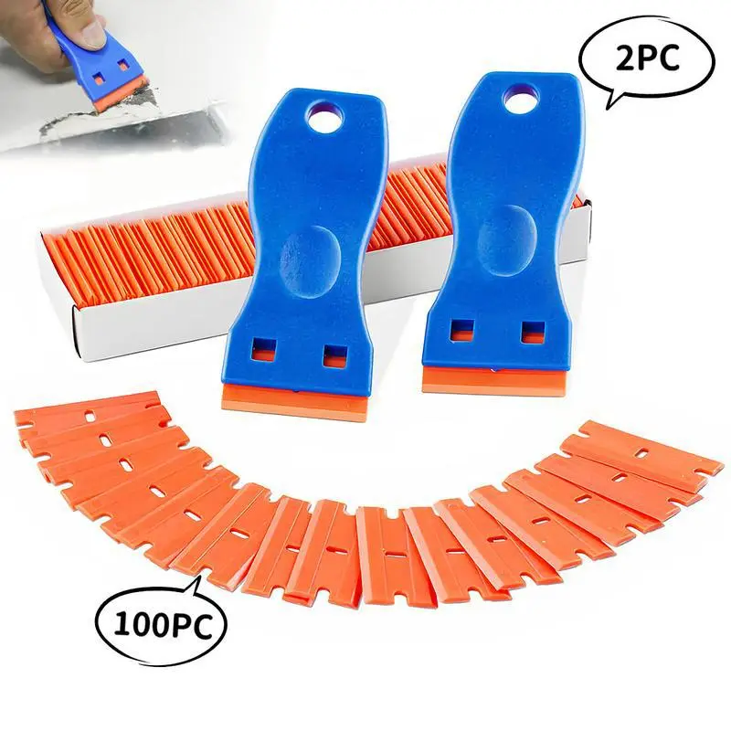 Durable Scraper Tool Set with 100pcs Extra Plastic Blades & 2 Scrapers for Decals Stickers Labels Caulk Adhesive Paint Cooktop Cleaning Razor Versatile