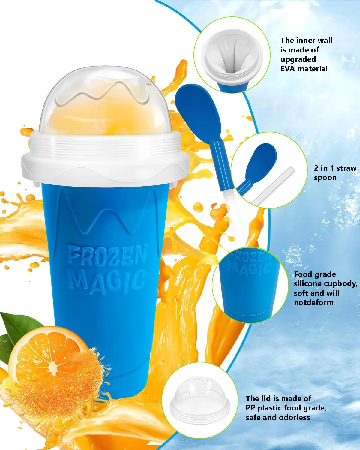 Slushie Cup, DIY Magic Slushy Maker Cups, Portable Slushy Cup for Juices, Milk and Ice Cream Make, Double Layers Silica with Lid & Straw for Kids, Friends, Family (Blue) Qilebi Kitchen Utensils