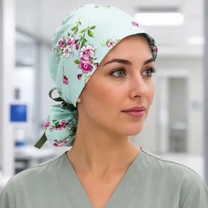 Surgical Scrub Cap with Ponytail Pouch for Long Hair Nurse Uniform Hat for Operating Room Surgeon Cap - Pink Floral Print