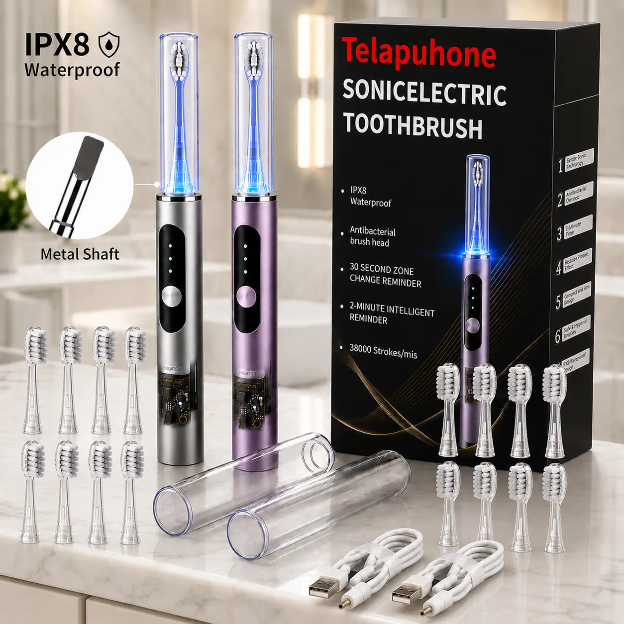 Sonic Electric Toothbrush with 8 Brush Head, 6 Cleaning Modes,IPX8 Waterproof Rechargeable Electric Toothbrush with Brush Head Cover, Smart Timer, Daily Oral Care Gift