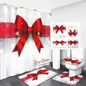 1/4pc Christmas Bow Shower Curtain Set, Bathroom Mat, Toilet Seat Cover, U-Shaped Mat, Holiday Bathroom Decoration, Christmas Gift, Bathroom Decoration Accessories, Includes 12 Shower Curtain Hooks