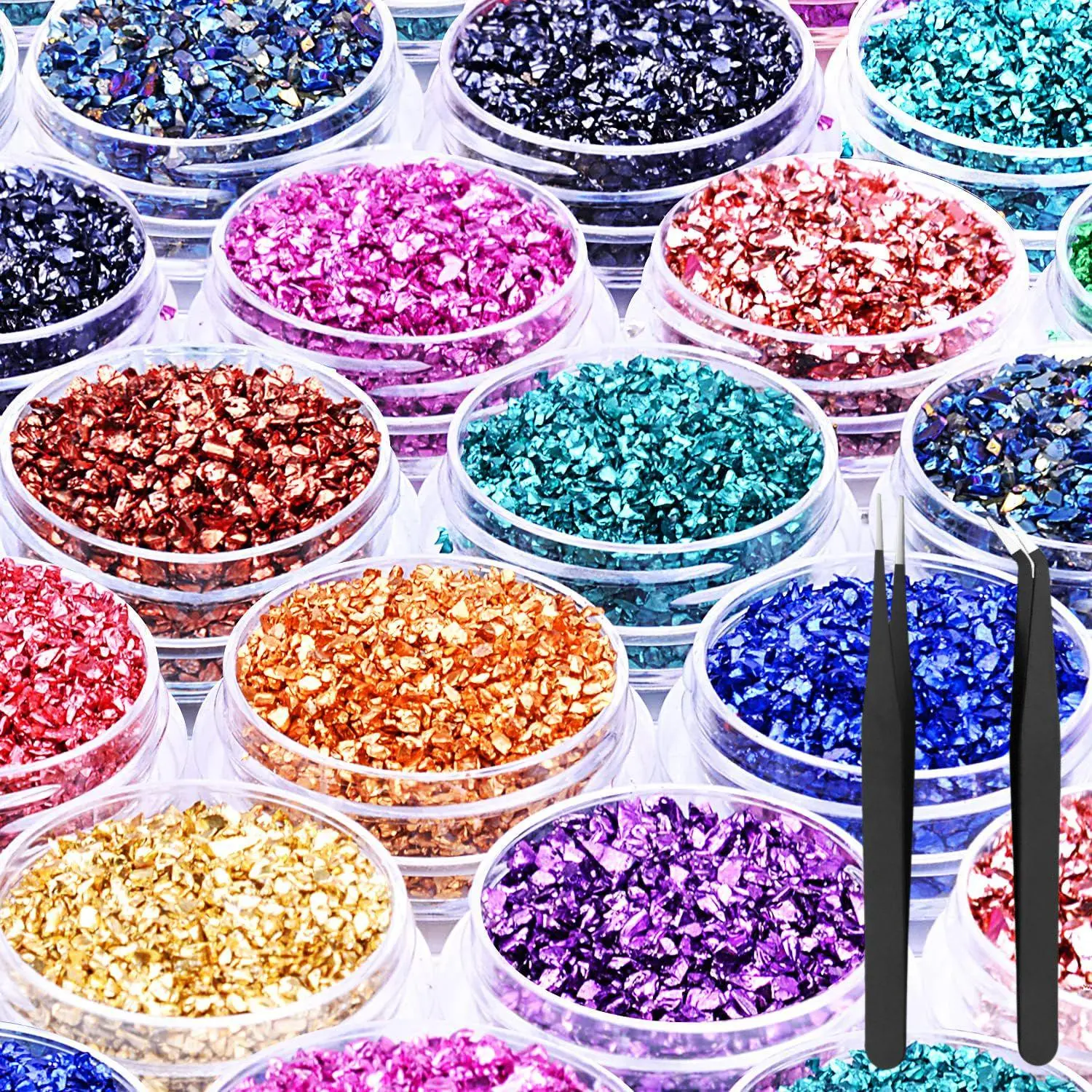 12 Boxes Crushed Glass Crystal Chips Craft Set with 2 Tweezers, Irregular Metallic Chunky Flakes Sequins, Fine Glitter for Epoxy Resin Art, Nail DIY, Vase Filler, Handmade Jewelry Decor Supplies
