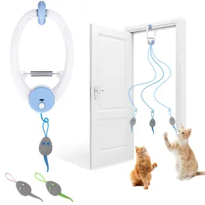 Door Hanging Auto-Rebound Cat Toy, Retractable Kitten Teaser with 3 Catnip Mice, Interactive Pet Play Toy for Indoor Cats - Whit