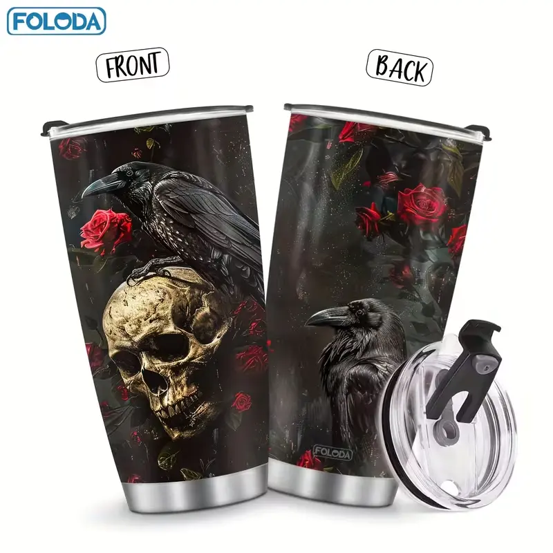 Raven & Skull Design Tumbler with Red Roses - Front & Back Print - Stainless Steel Travel Mug - Reusable & Durable