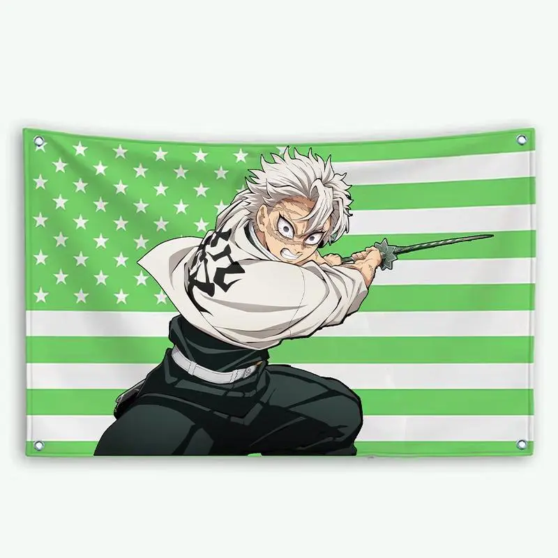 Sanemi Shinazugawa Anime Theme Polyester American Flag Tapestry - Vibrant Printing Background, Anti Fading, Indoor Bedroom Decoration, Anime Fan Festival Gift, Machine Safe Horizontal Hanging Wall Flag