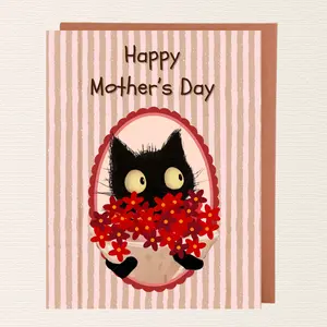 Mothers Day Card For Cat Lover, Cat Mother Card Blank Inside Greeting Cat Mom Gift Idea Mothers Day Black Flower Design Handmade Stationery Matte Finish Kraft Envelope