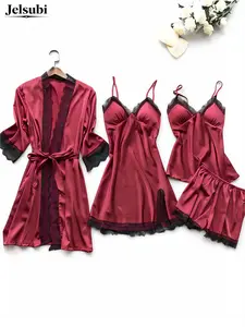 Jelsubi Lace Silk Pajamas Set Nightdress Sexy Lingerie Robe Women Sleepwear 4 Pieces Suits Sleeping Top And Shorts Femme Pijama Mujer Pj Loungewear Womenswear wedding guest outfit Homewear Solid,Valentine's,sexy lingerie set ,Lace Lingerie Set  loungewear