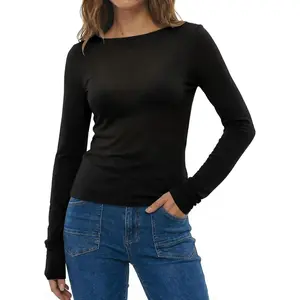 2026 Women's Long-Sleeved Shirt, Casual Lightweight Knit Top, Spring/Summer Style, Boat Neck Black Top, Wool Blend Slim Fit T-Shirt, Basic T-Shirt, Plus Size, Available at Amazon Women's Clothing Store.