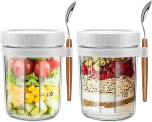 Overnight Oats Containers with lids and spoon Set of 2 Jars 12oz Airtight Container with Measurement Marks, Reusable On The Go Cups for Cereal Yogurt, Milk, Salads, Fruit(White)