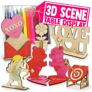Wooden Craft Kit for Coloring and Table Display. Cupid and Friends 3D for Valentine's Craft Scene to Stand, Hang or Craft. Unfinished Wood Shapes for Craft, Blanks. Wooden Valentine's Shapes DIY, with Markers.