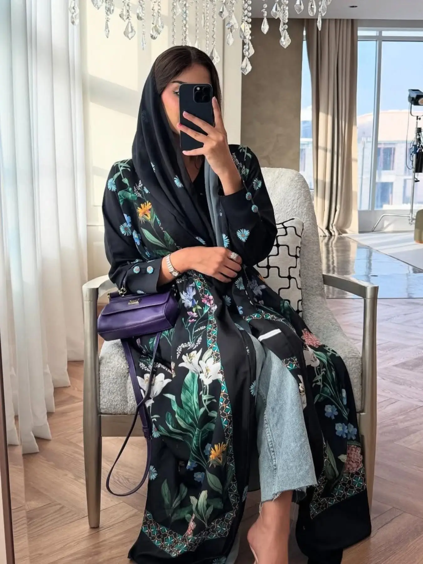 Elegant Muslim Women Floral Print Open Front Robe Set with Scarf, Stylish Comfortable Long Dress for Daily Wear, Casual Islamic Fashion Clothing