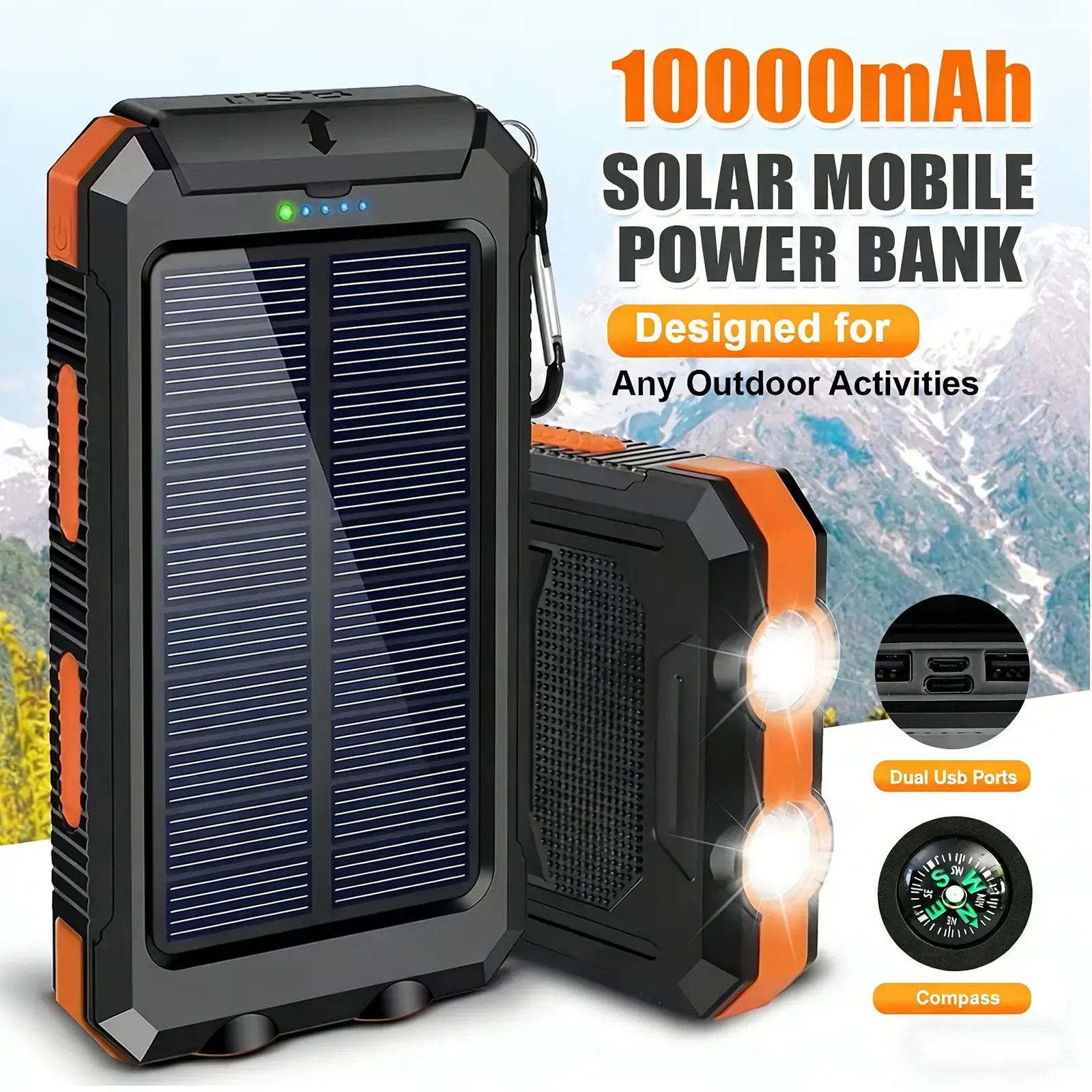 Outdoor Emergency 10000mAh Portable Solar Charger Power Bank with LED Flashlight - Dual USB-A Output, Waterproof Outdoor Emergency Supply