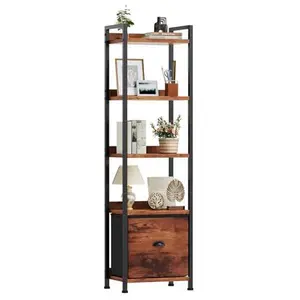5-Layer Bookshelf with Fabric Drawers & Wooden Storage Bins, Metal Frame Open Bookcase with Drawer Storage for Living Room Bedroom Office, Sturdy Metal Frame with Wooden Top Panel, Perfect for Displaying Books, Plants, and Decorative Items