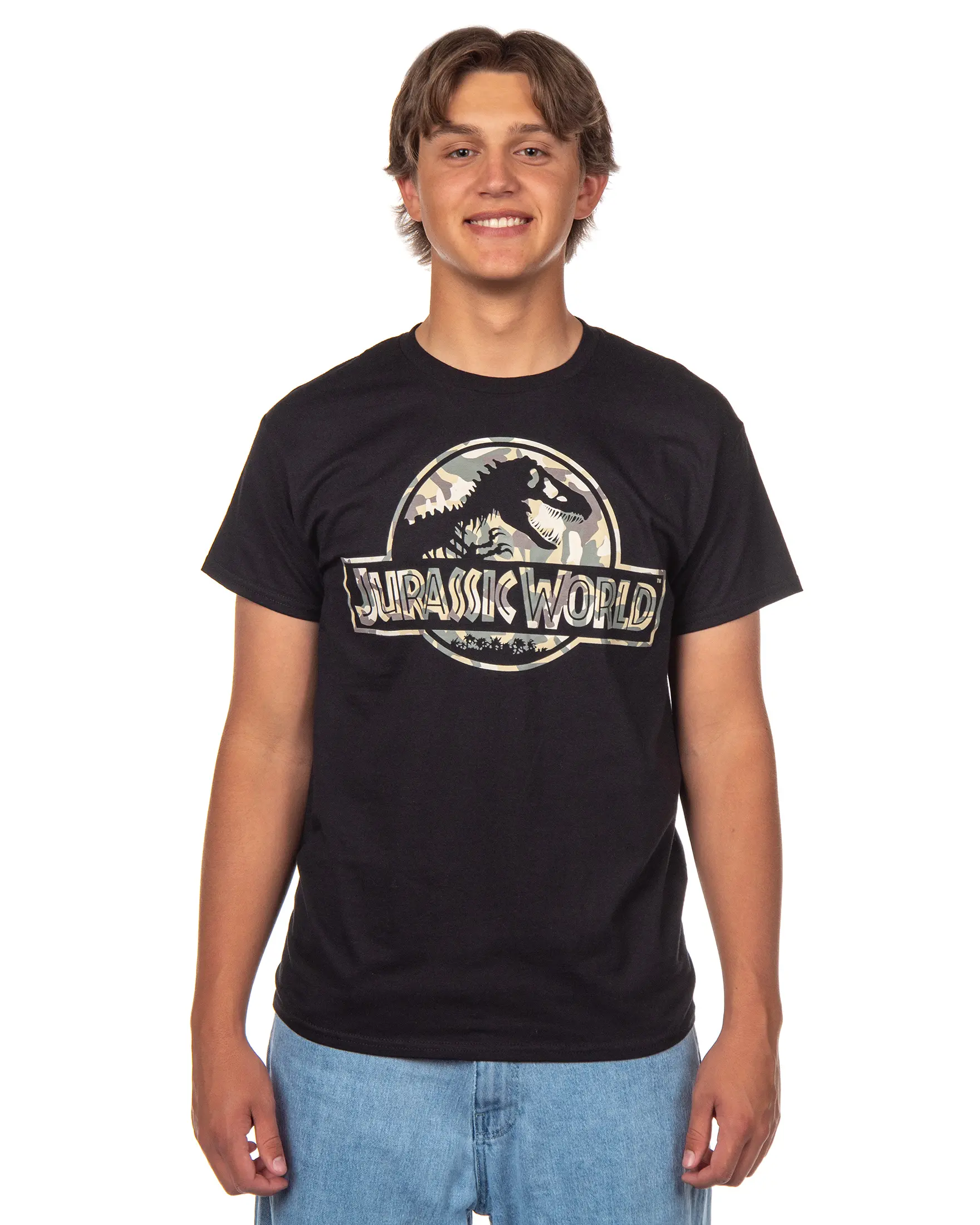 Jurassic World Men's T-Shirt Camo Filled Logo Design Adult Short Sleeve Crewneck Tee