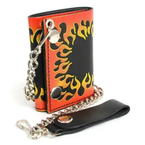 Men's 4” Leather “Flamed” Tri-Fold Biker Wallet w/ Anti-Theft Stainless Steel Chain