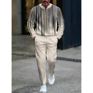 Fashionable men's two-piece new long sleeved shirt casual sports set, geometric pattern design, 100% polyester fiber spring and autumn comfortable fabric zipper long sleeved top and casual pants street style combination