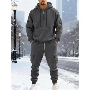 Men’s heavy-weight casual workwear set for autumn and winter, featuring a warm wool-lined sweatshirt and pants, suitable for outdoor commuting, with a comfortable fit.