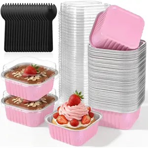 60 Pack 5oz Mini Cake Pans with   Foil Square Baking Cups 3.5x3.5 Inch Disposable Large Baking Cake Cup Containers with Spoons for Party-Champagne Individual Cakes,