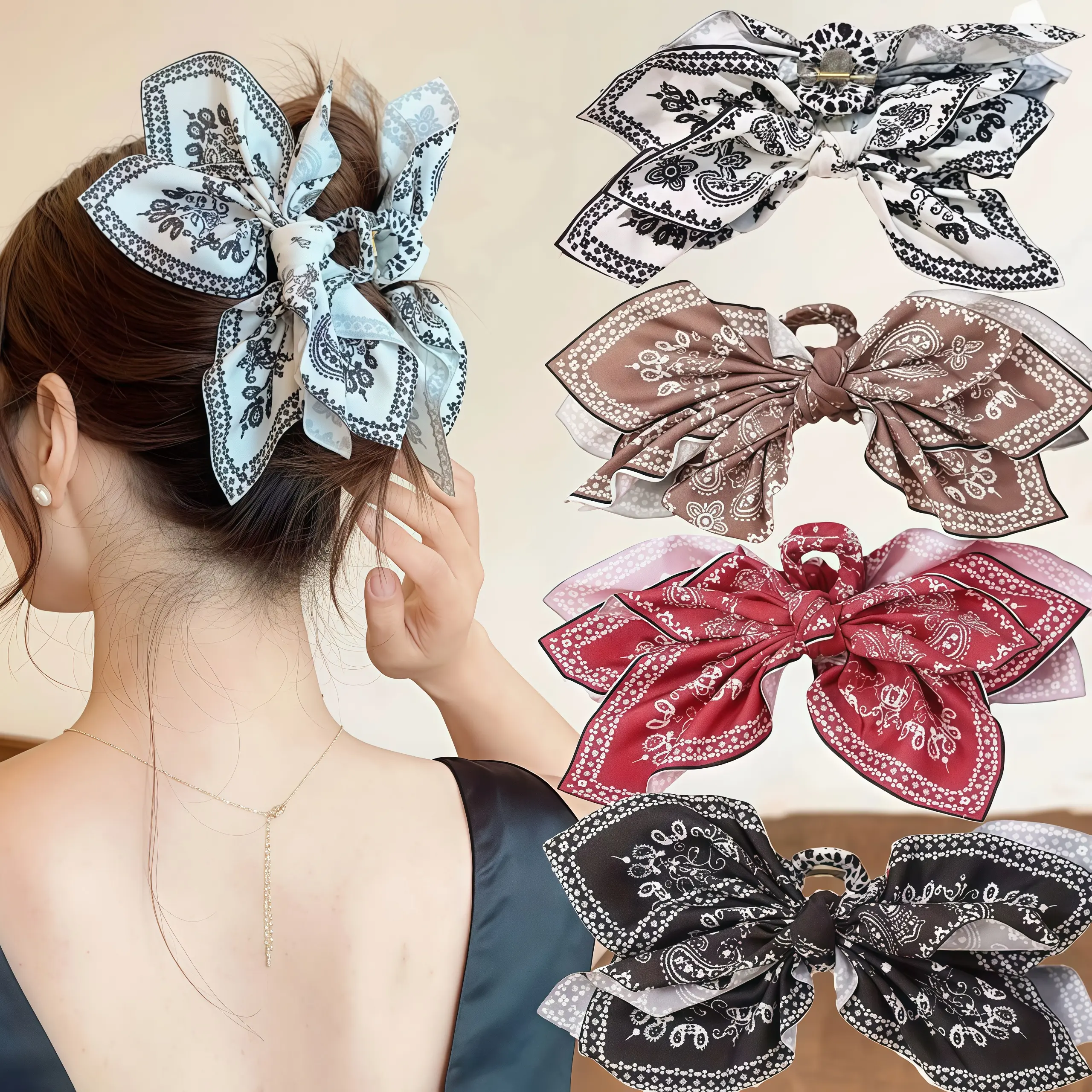 4PCS Paisley Bandana Bow Hair Claw Clips, Large Floral Print Scarf Bow Jaw Clips, Strong Hold Non-slip Hair Accessories for Thick Hair, Stylish Clips for Daily, Work & Casual Wear,summerwins