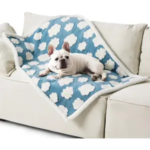 Waterproof Dog Blanket for Medium Dogs - Washable Double Sided Dog Blankets with Warm Jacquard Shag and Soft Sherpa Fleece, Pet Cat Blanket for Couch Protection, 3D Textured Cloud, Blue
