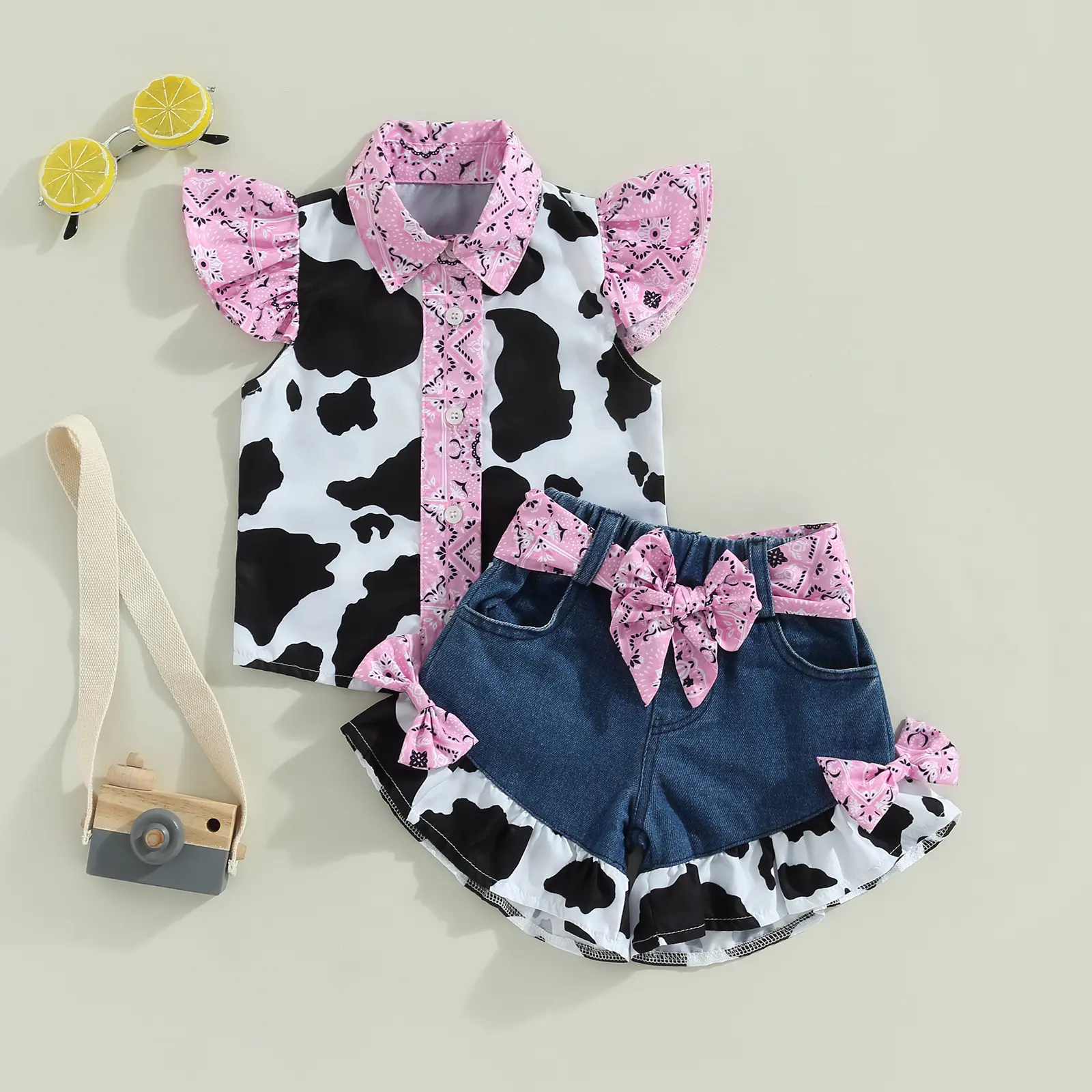 Toddler Girl Denim Western Outfit Baby Clothes Ruffle Cow Print Shirt Button Down Tops Belted Jeans Shorts 1-6Y