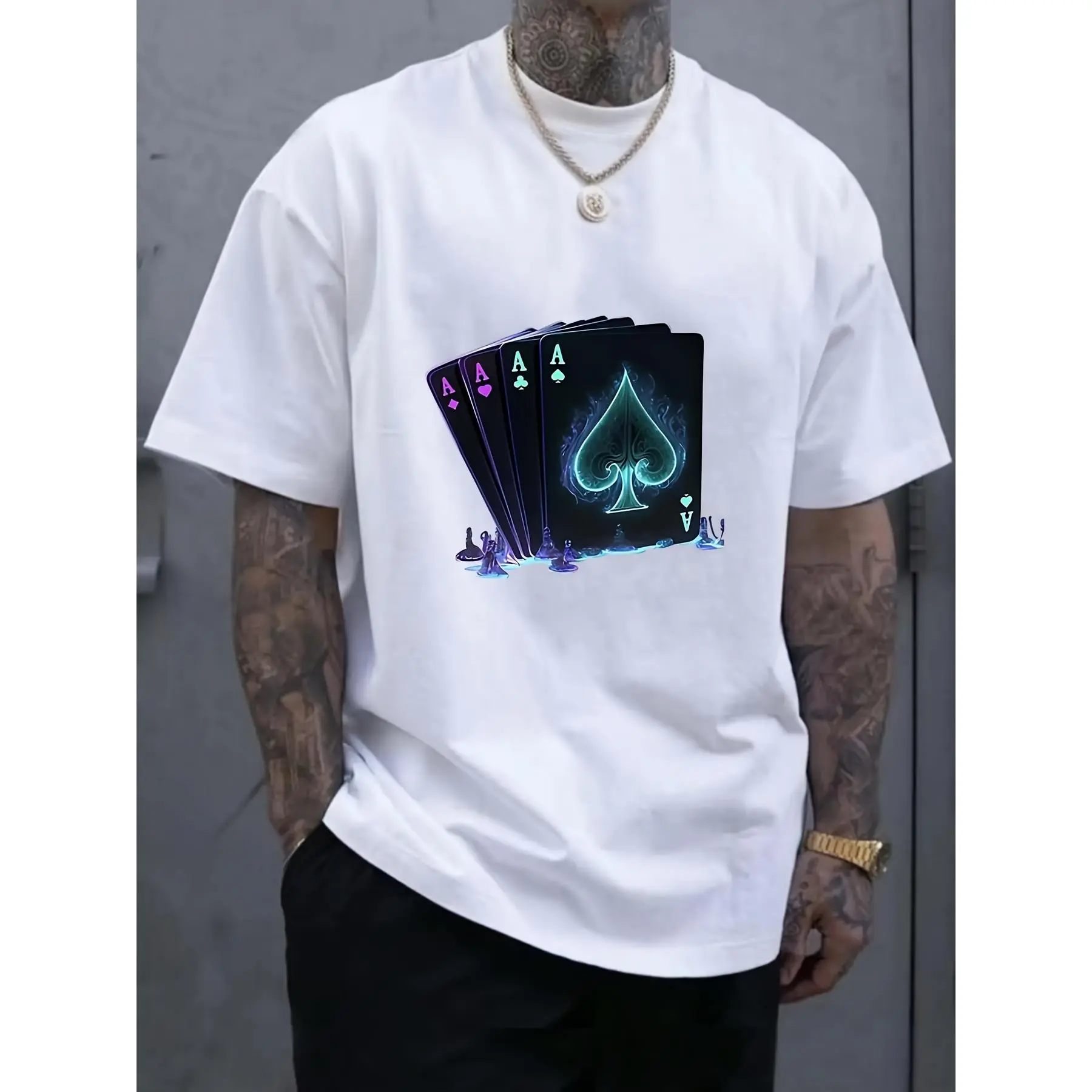 Cotton Short Sleeve  T-Shirt Casual Lightweight Crew Neck Short Sleeve - Men's Poker A Heart Print T-Shirt - Comfortable Tops for Everyday Summer Wear