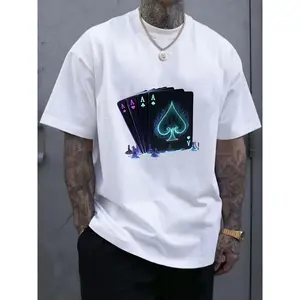 Cotton Short Sleeve  T-Shirt Casual Lightweight Crew Neck Short Sleeve - Men's Poker A Heart Print T-Shirt - Comfortable Tops for Everyday Summer Wear