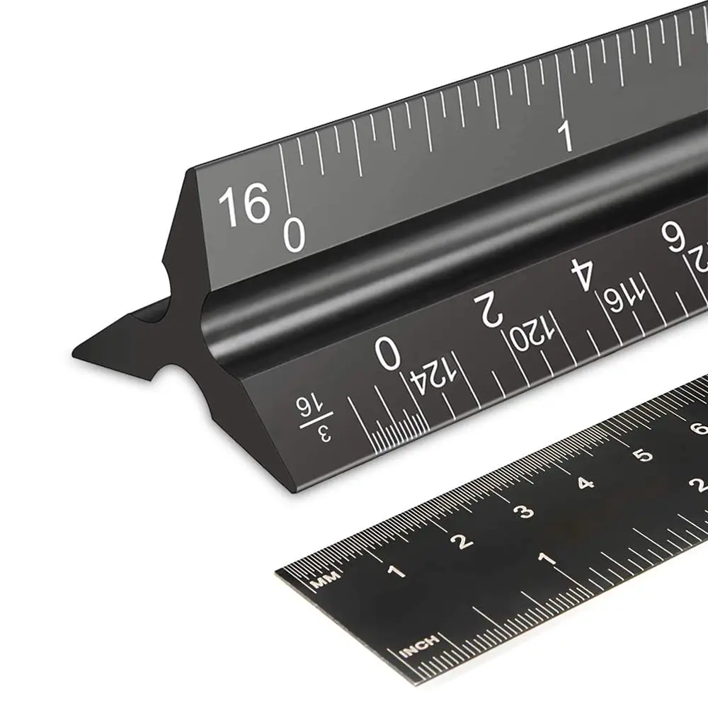 Chris 2PCS Architectural Scale Ruler: 12" Imperial Aluminum Triangular Scale Ruler, Laser-Etched Architecture Ruler, Drafting & Architect Ruler for Architects, Students, Draftsman(Black)