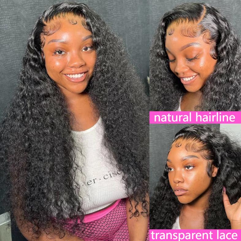 Kinky Curly Human Hair Hd Transparent Lace Wigs Pre Plucked Natural Hairline 180 Density 13X4 13X6 Water Wave Curly Human Hair Wig 30 36 Inch Lace Front Deep Human Hair Wig For Women Natural Color