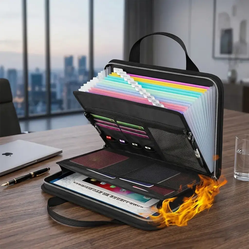 Large Capacity Fireproof Accordion File Folder with Handle, A4 Document Organizer Bag with 26 Expanding Pockets, Portable Paper Storage Organizer for Office, School, Home & Important Documents