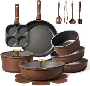 CAROTE 21pcs Pots and Pans Set, Nonstick Cookware Set Detachable Handle, Induction Kitchen Cookware Sets Non Stick with Removable Handle, RV Cookware Set, Oven Safe, Brown
