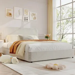 Add hidden storage under a soft, rounded Full-size bed. Upholstered in cream white boucle with four spacious drawers, a noise-free platform, and no box spring required.