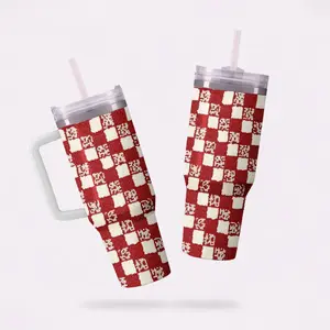 Mackenzie Childs Red and White Check Rambler 40 oz Tumbler with Handle and Straw Lid, Travel Mug Water Tumbler, Vacuum Insulated Cup with Handle, Stainless Steel