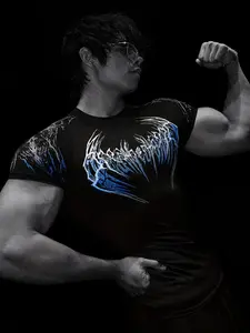 European Street Style Dark Thorn Print Fitness T-Shirt, High Stretch Quick-Dry Tight Fit, Breathable Sweat-Wicking Sport Fabric, Essential for Hardcore Gym Enthusiasts
