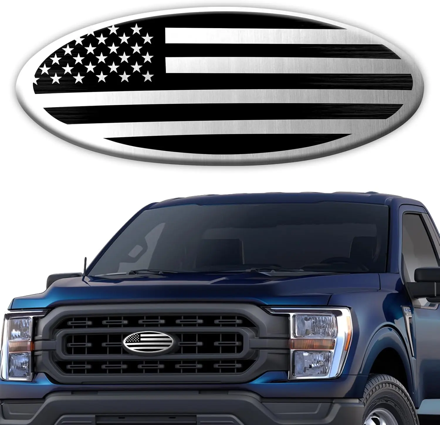 Tailgate Emblem for Ford F150 F250 F350 Silver American Flag 9 Inch Front Grill Emblem for Ford Emblem, Aluminum Oval Overlay Front Grill Rear Tailgate American Flag Decal Badge(Silver) Hirificing