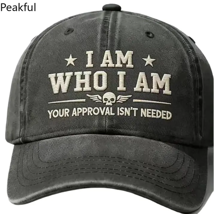 "I Am Who I Am" Skull Wing Embroidered Dad Hat Peakful Washed Cotton Baseball Cap Adjustable Fit Anti-Wrinkle Comfortable Stylish Rebellious Accessory for Streetwear & Casual Wear
